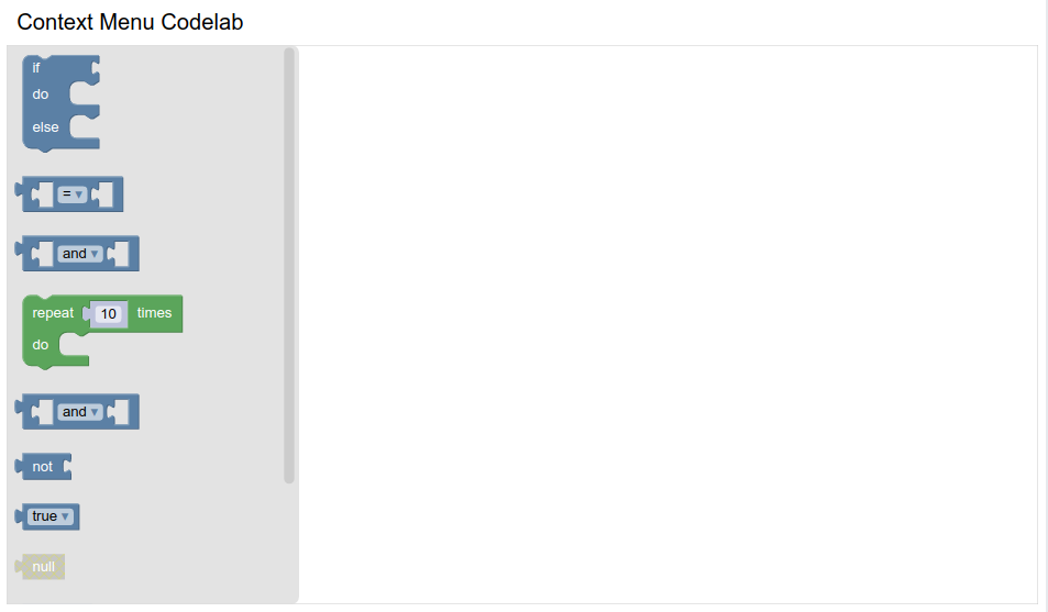 A web page with the text "Context Menu Codelab" and a simple Blockly workspace.
